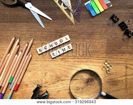 Back To School Mock Up. School Concept Background. Stationery On Wooden Table