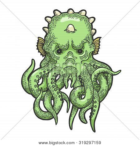 Cthulhu Head Myth Creature Color Sketch Engraving Vector Illustration. Tee Shirt Apparel Print Desig