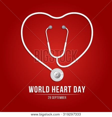 World Heart Day Banner With Stethoscope Roll Into Heart Sign On Red Background Vector Design