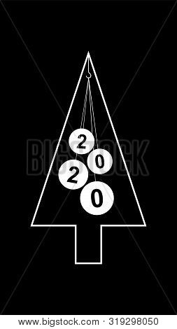 White Outline Of A Christmas Tree With Balls Not On A Dark Background With Numbers Of The New Year 2