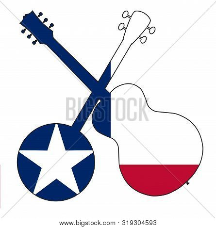 A Typical Four String Banjo In Silhouette With An Acoustic Guitar Over The Texas State Flagon A Whit