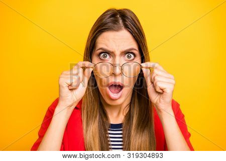 Close Up Photo Of Frustrated Woman Tocuhing Her Specs Shouting Unbelievable Wearing Red Striped Red 