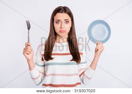 Hungry Lady Holding Fork And Empty Plate Want More For Supper Wear Striped Pullover Isolated White B