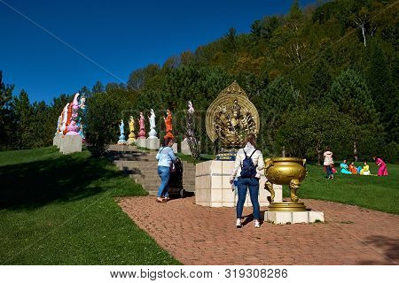 Harrington, Qc, Canada - September 23, 2018: Tourists At The Tam Bao Son Buddhist Temple In Quebec D