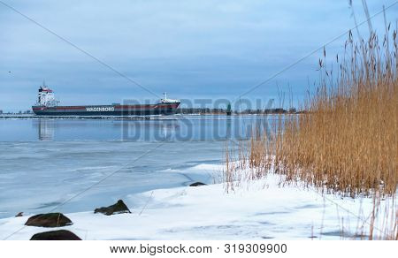 Empty Container Ship Wagenborg, Container Ship On The Canal In Winter, Baltic Sea, Kaliningrad Regio