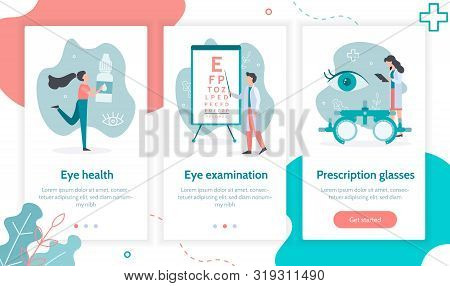 Three Steps To Eye Health. Ophthalmology Concept. Onboarding Screens Template For Mobile Application