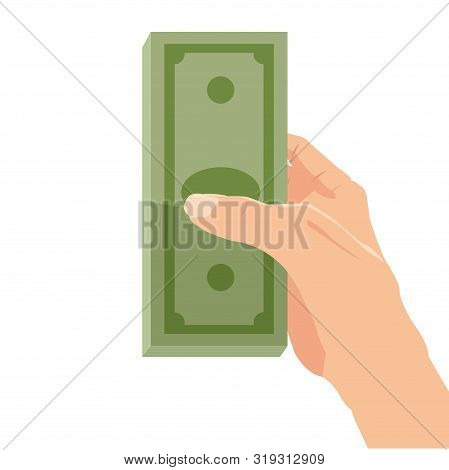 Money On Hand, Bill, Bank Note. Businessman Giving A Cache. Vector Illustration In Carton Style Isol
