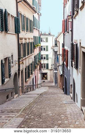 Old Cobblestone Street In Zurich, Switzerland. Europe.