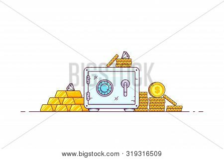 Safe Box With Money Savings Isolated On White Background. Stacks Of Coins, Diamonds And Gold Bar. Fl