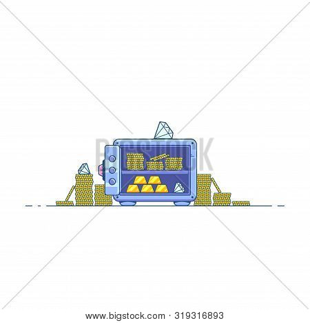 Safe Box With Money Savings Isolated On White Background. Stacks Of Coins, Diamonds And Gold Bar. Fl