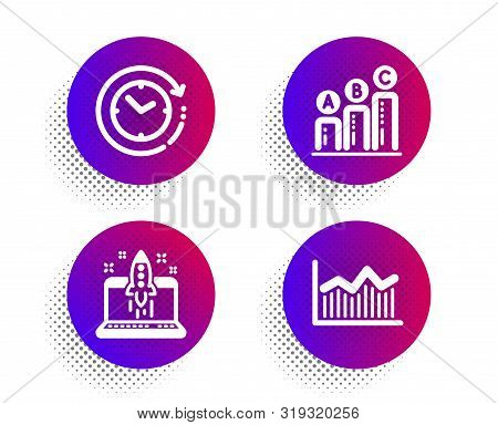Start Business, Time Change And Graph Chart Icons Simple Set. Halftone Dots Button. Money Diagram Si