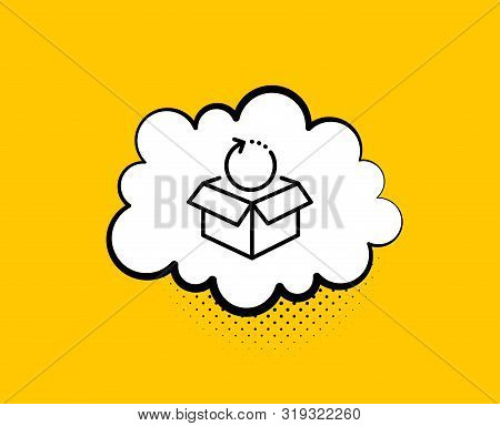 Return Package Line Icon. Comic Speech Bubble. Delivery Parcel Sign. Cargo Goods Box Symbol. Yellow 
