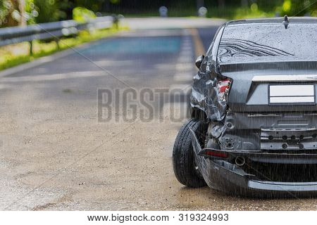 Raining Day Back Side Of  Gray Have Damaged And Broken By Accident On Road Parking Can Not Dirve Any