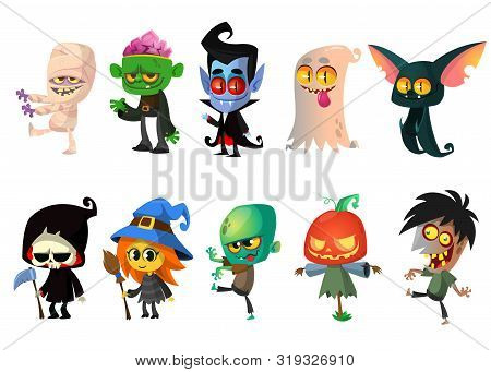 Set Of Halloween Characters. Cartoon Ummy, Zombie, Vampire, Ghost, Bat, Death, Witch, Pumpkin Head. 