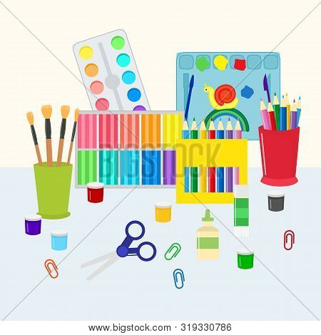 Colorful Stationery Set Vector Illustration. Coloring Pencils, Pens, Scissors And Paints With Brushe
