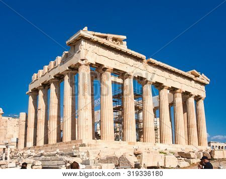 Athens, Greece - July 20, 2019 Famous Athens Sightseeing Temple Of Rome And Augustus In Acropolis Vi