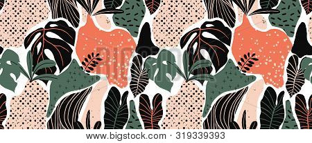 Seamless Pattern, Hand Drawn Abstract Plant, Leaf , Split Leaf Philodendron, Green And Pink Tones On