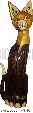 Brown Wood Sculpture Of Afro Cat In Low Polygon Style, Isolated On White Background, With Ears.