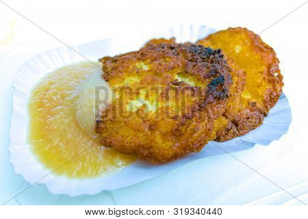 German Vegetarian Food, Fresh Baked Potato Pancakes With Apple Mousse Close Up