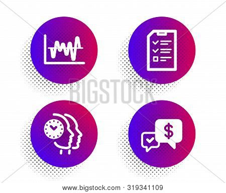 Time Management, Stock Analysis And Interview Icons Simple Set. Halftone Dots Button. Payment Receiv