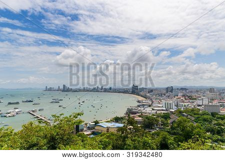 View Of Pattaya Bay Viewpoint From Pratumnak Hill. Pattaya City On Blue Sky In Chonburi Thailand.