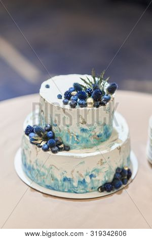 Wedding Cake With Blue Berries. Stylish Cake Decorated With Blueberries