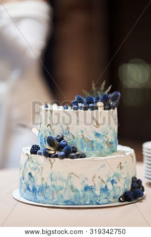 Wedding Cake With Blue Berries. Stylish Cake Decorated With Blueberries