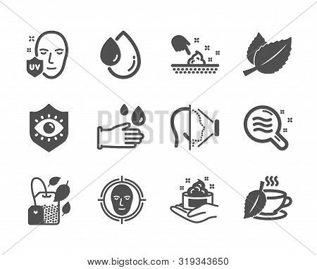 Set Of Medical Icons, Such As Mint Bag, Skin Moisture, Oil Drop, Uv Protection, Mint Tea, Rubber Glo
