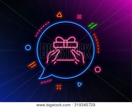Give A Gift Box Line Icon. Neon Laser Lights. Present Or Sale Sign. Birthday Shopping Symbol. Packag