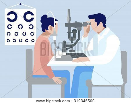 Woman At The Appointment With An Optometrist, Vision Test. In Minimalist Style. Cartoon Flat Vector