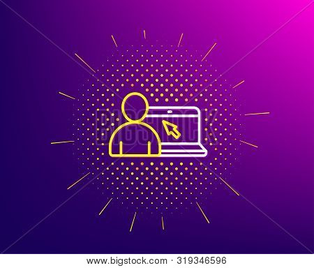 Online Education Line Icon. Halftone Pattern. Notebook Or Laptop With Mouse Cursor Sign. Internet Le