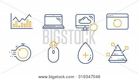 Recovery Cloud, Oil Serum And Infochart Line Icons Set. Laptop, Fast Recovery And Swipe Up Signs. Py