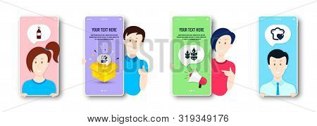Gluten Free, Mint Bag And Wine Bottle Icons Simple Set. People On Phone Screen. Love Cooking Sign. B