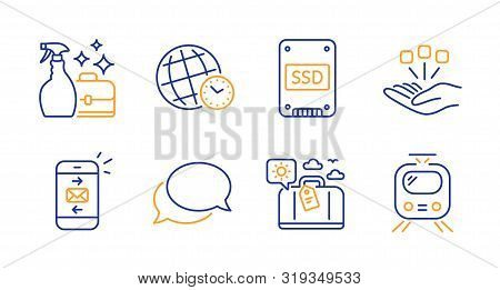 Time Zone, Ssd And Messenger Line Icons Set. Mail, Consolidation And Travel Luggage Signs. Cleanser 