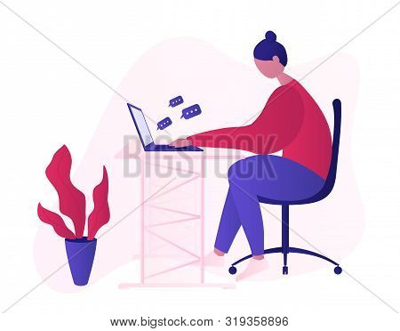 Millennial Girl Working Sitting On The Office Chair At The Table And Working With Laptop, Getting So