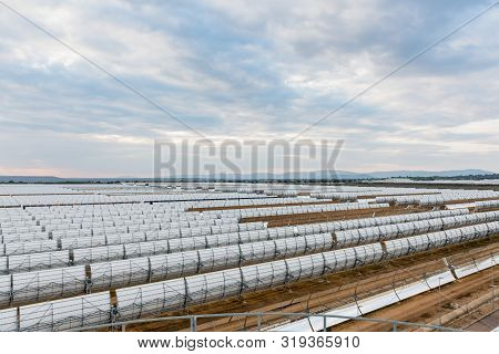 Logrosan, Extremadura, Spain - March 23, 2019: View Of The Concentrators And Solar Panels Of The Sol