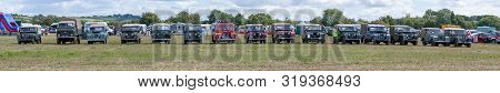 Haselbury Plucknett.somerset.united Kingdom.august 18th 2019.a Row Of Vintage Land Rovers Are Parked