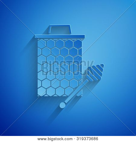 Paper Cut Honeycomb With Honey Dipper Stickicon Isolated On Blue Background. Honey Ladle. Honey Cell