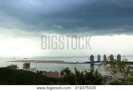 Sanya City, Hainan Island, China - October 1, 2017: Landscape Of Phoenix Island And Dadonghai Bay In