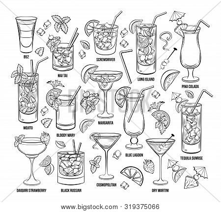 Summer Alcoholic Cocklails Set. Hand Drawn Beverages Or Drinks. Engraving Menu Or Poster For Beach P