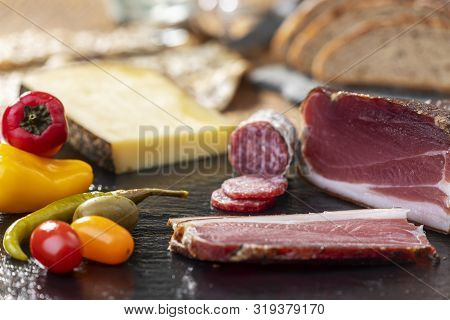 Closeup Of South Tyrolean Speck On Slate