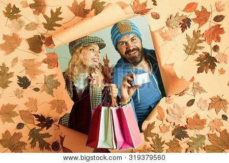 Romantic Couple Wearing Pullover On Autumn Leaves Background. Happy Family In Autumn. Black Friday S