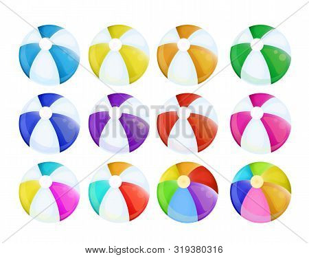 Collection Of Colorful Beach Balls. Beach Ball Color Striped Rubber Toy, Realistic Set. Bright Ball 