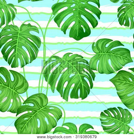 Seamless Pattern With Monster Leaves Of Tropical Plants. Exotic Leaves Monster Against The Blue And 