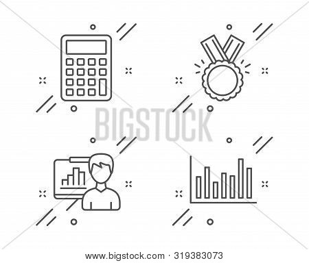 Calculator, Presentation Board And Honor Line Icons Set. Bar Diagram Sign. Accounting Device, Growth