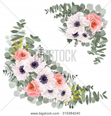 Vector Floral Elements For Design. White Anemones, Pink Roses, Leaves And Branches Of Eucalyptus, Mi