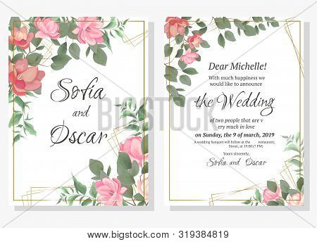 Vector Template For Wedding Invitation. Magnolia Flowers, Green Branches, Leaves. All Elements Are I