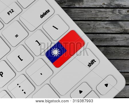 Taiwan (republic Of Cina) Flag Enter Key On White Keyboard, On Wood Background. 3d Render