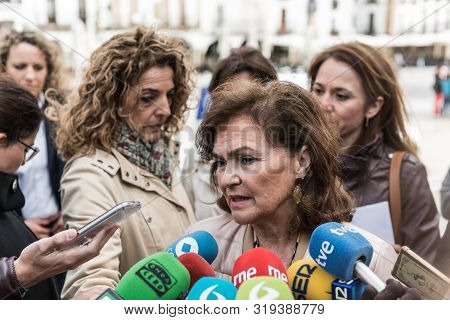 Caceres, Extremadura, Spain - April 25, 2019: Spanish Vice-president Carmen Calvo Poyato At A Press 