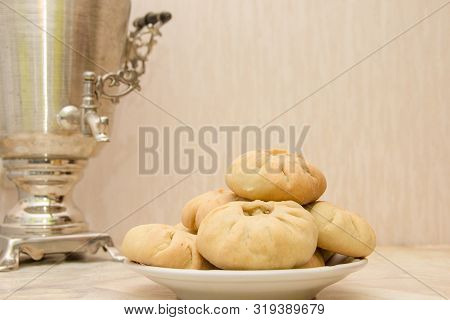 Vak Belyash - Bashkir National Cuisine, Homemade Meat Pies In White Bowl Over Wooden Background